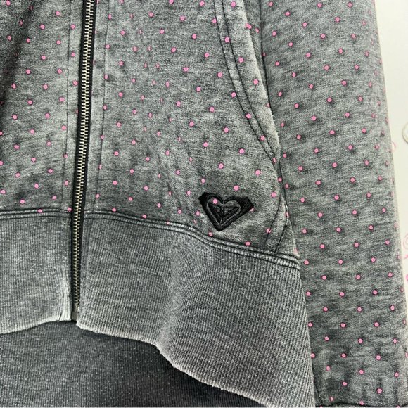 Roxy pink polka dotted grey zip up sweater embroidered logo black distressed y2k - Picture 7 of 10